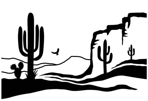 Amerikaanse Woestijn Met Cactussen Vector Zwart Silhouet Van Arizona Woestijn — Stockvector