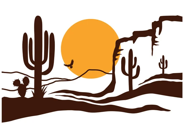Deserto Americano Con Cactus Sole Giallo Silhouette Vettoriale Del Deserto — Vettoriale Stock