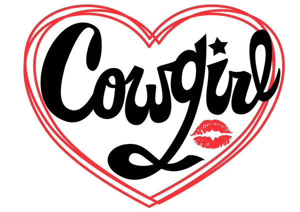 Cowgirl Handgeschreven Lettering Cowgirl Printable Vector Illustratie Met Vrouw Rode — Stockvector