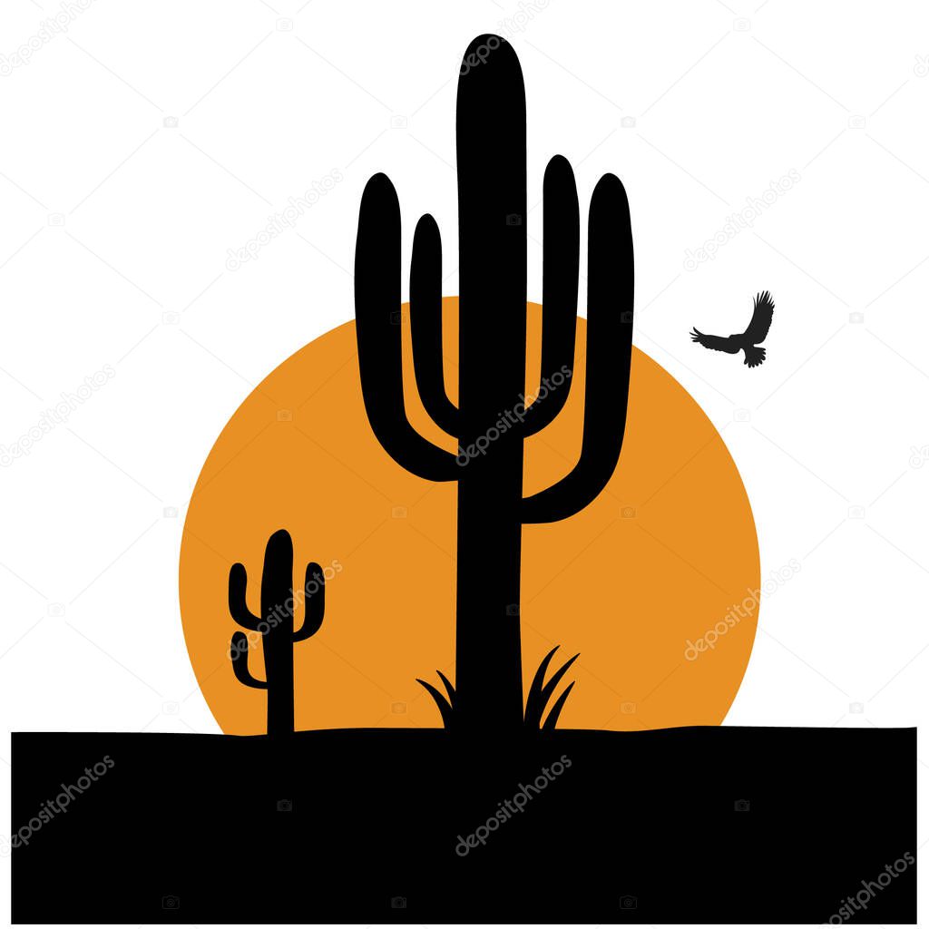 Cactus Desert symbol illustration. Vector American sunset Arizona desert logo Cactuses isolated on white.