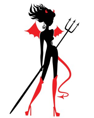 Uzun saçlı, kuyruklu ve kanatlı seksi şeytan kadın. Siyah ve kırmızı siluet beyaz üzerine izole edilmiş