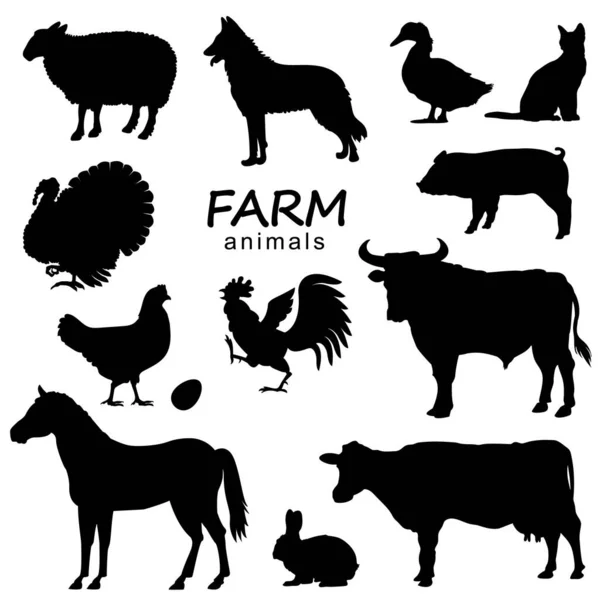 Фермерські Тварини Встановлюють Векторний Чорний Силует Ізольовані Білому Дизайну — стоковий вектор