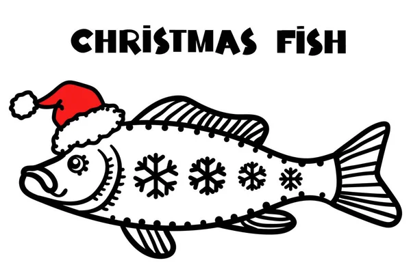 Weihnachtsfisch Mit Weihnachtsmütze Winterangeln Symbol Isoliert Auf Weiß Für Silvester — Stockvektor