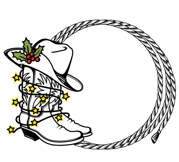 Cowboy Christmas Imprimible Botas Vaquero Sombrero Con Luces Navideñas Botas — Archivo Imágenes Vectoriales