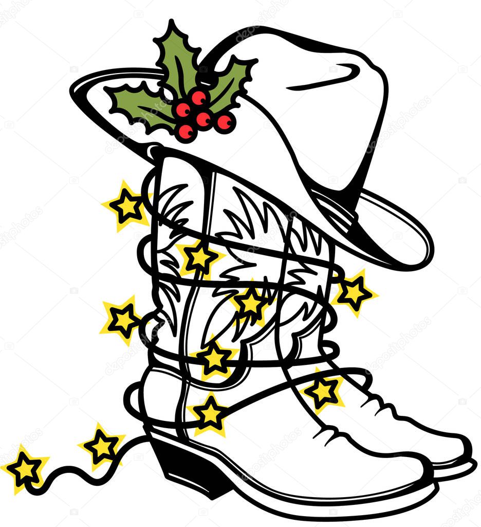 Cowboy Christmas color printable Cowboy boots and hat with holly berry and holiday lights. Western boots and hat vector illustration isolated on white for design