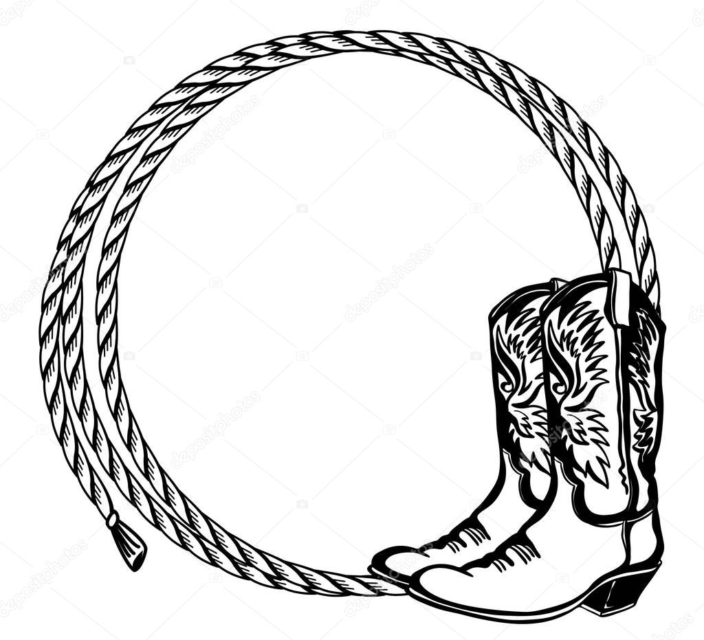 Cowboy rope frame with Cowboy western boots. Vector illustration of Country cowboy background for text