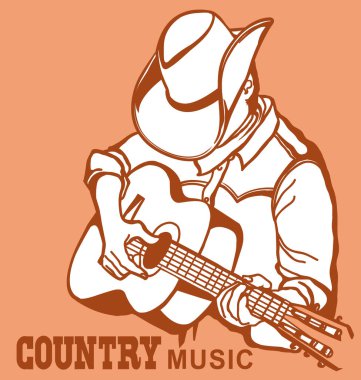 Amerikan kovboy şapkalı bir adam akustik gitar çalıyor. Vektör country müzik grafikleri tasarım için metinle beyaza izole edilmiş