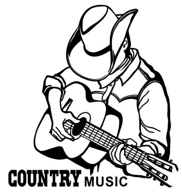 Amerikan kovboy şapkalı bir adam akustik gitar çalıyor. Vektör country müzik grafiksel illüstrasyon tasarım için metin ile izole beyaz