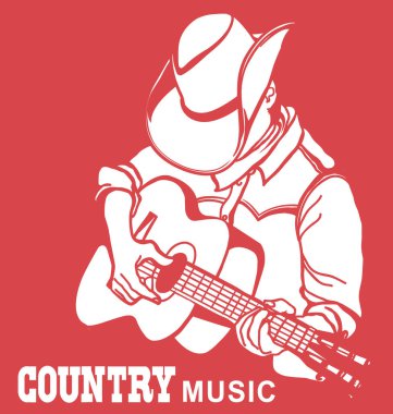 Amerikan kovboy şapkalı bir adam akustik gitar çalıyor. Tasarım için metin içeren vektör country müzik poster resimleme arkaplanı