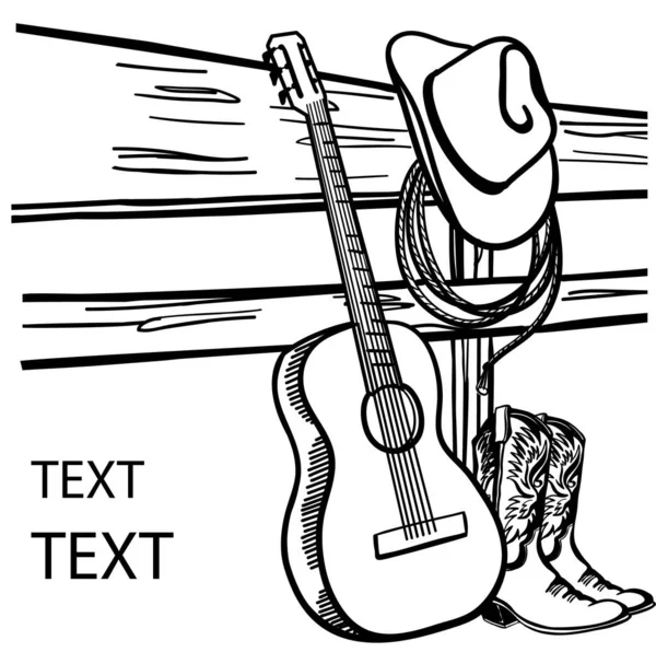 Плакат Кантри Музыки Акустическая Гитара Ковбойская Шляпа Сапоги Заборе Фон — стоковый вектор