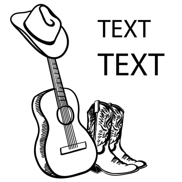 Musique Country Guitare Acoustique Avec Chapeau Bottes Cow Boy Illustration — Image vectorielle