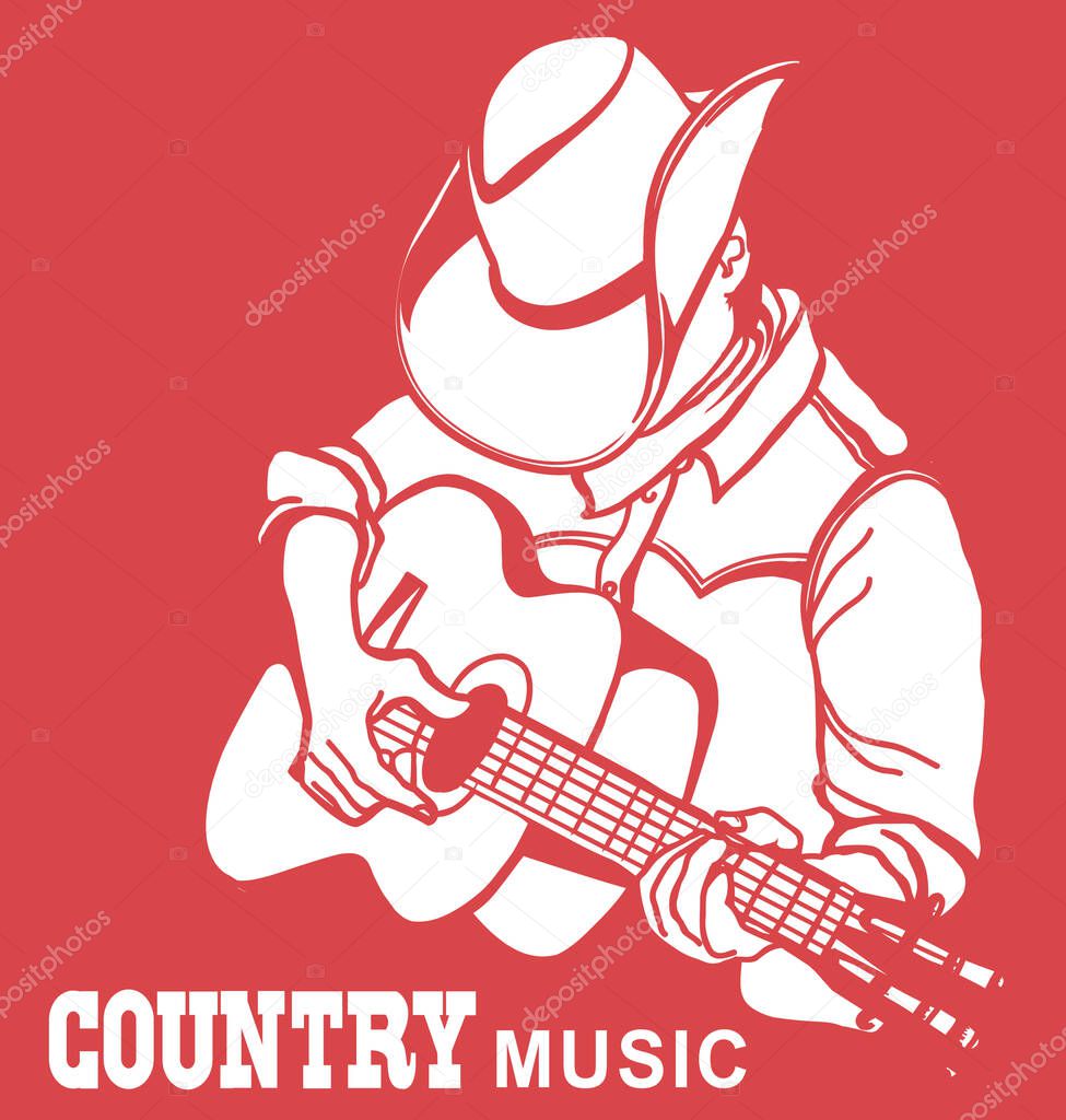 Man in american cowboy hat playing acoustic guitar. Vector country music poster graphic illustration background with text for design