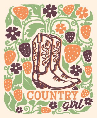 Köy Kovboyu çizmeleri, çiçek dekoru ve klasik poster arkaplanı. Kovboy çizmeleri ve dekorasyon için kırmızı çilekli vektör ülke illüstrasyonu.