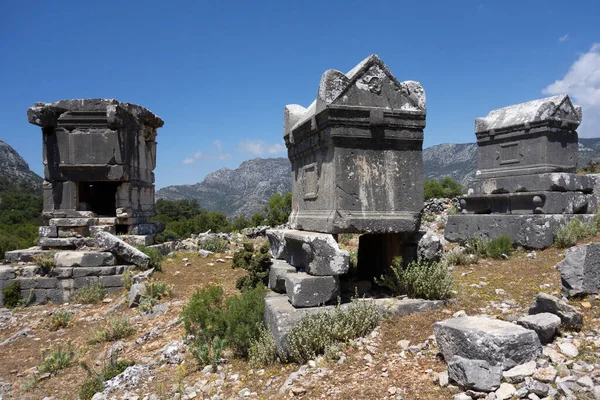 Antiguas Ruinas Con Sarcófagos Enterrados Ciudad Licia Sidyma Conocida Provincia — Foto de Stock