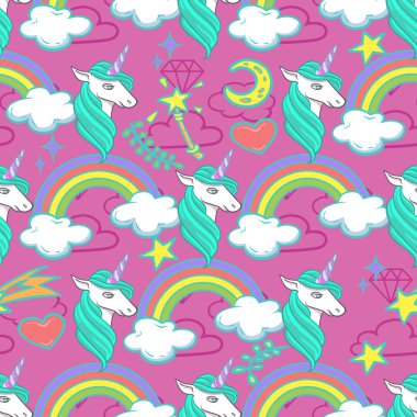 Tek boynuzlu atlar ve sihirli öğeleri ile Seamless modeli. Vektör çizim