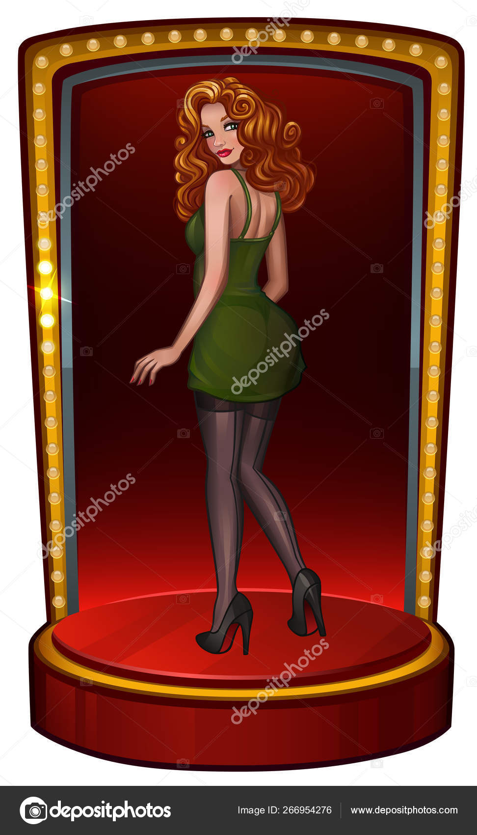 Image vectorielle Belle fille pin-up rousse en robe verte sur scène par ...