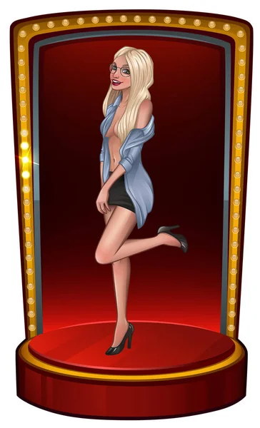 Belle blonde pin-up avec des lunettes sur scène — Image vectorielle