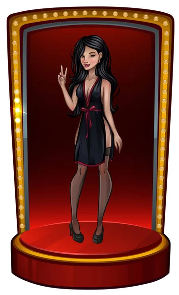 Belle fille asiatique en robe noire sur scène — Image vectorielle