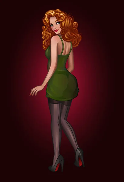 Bella rossa pin-up ragazza in abito verde — Vettoriale Stock