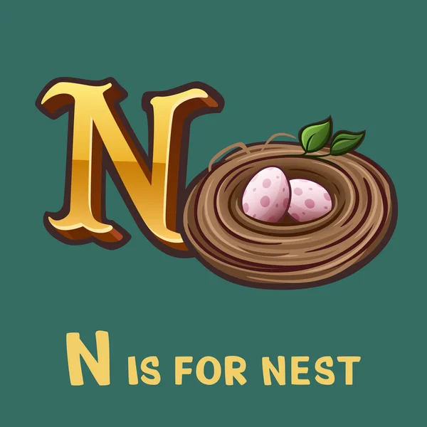 Kinderen alfabet letter N en nest — Stockvector