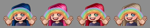 Emotion ikoner Happy Girl med Rainbow för sociala nätverk och klistermärken — Stock vektor