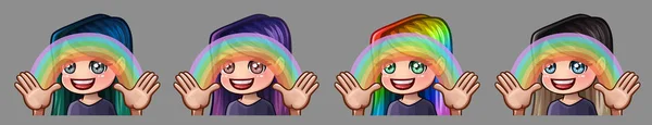 Emotionsymbole glückliches Mädchen mit Regenbogen für soziale Netzwerke und Aufkleber — Stockvektor