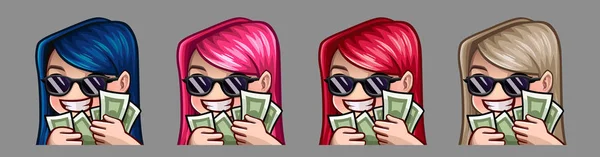 Emotie icons gelukkig meisje met zonnebril en geld voor sociale netwerken en stickers — Stockvector