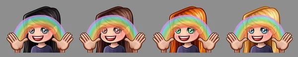Emotionsymbole glückliches Mädchen mit Regenbogen für soziale Netzwerke und Aufkleber — Stockvektor