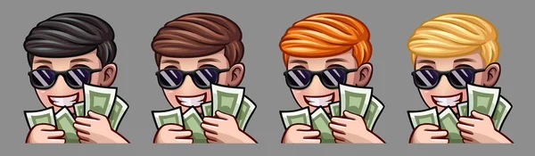 Ícones de emoção menino feliz com óculos de sol e dinheiro para redes sociais e adesivos — Vetor de Stock