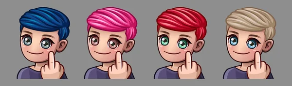 Emotie iconen lachende jongen met middelvinger voor sociale netwerken en stickers — Stockvector