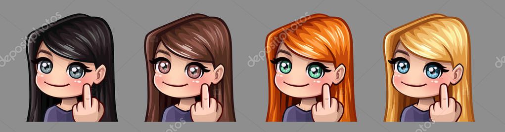 Emotion icons smiling girl with middle finger for social networks and stickers Stock Vector