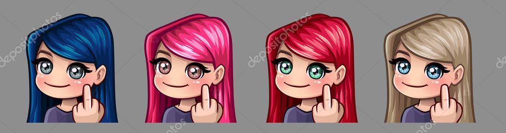 Emotion icons smiling girl with middle finger for social networks and stickers Stock Vector