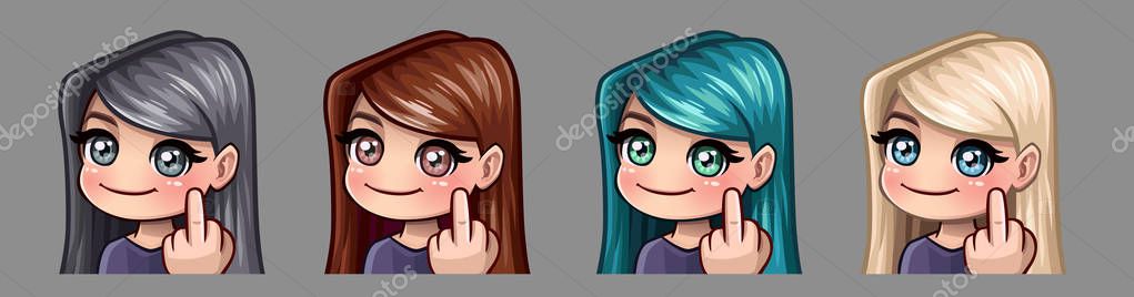 Emotion icons smiling girl with middle finger for social networks and stickers Royalty Free Stock Vectors