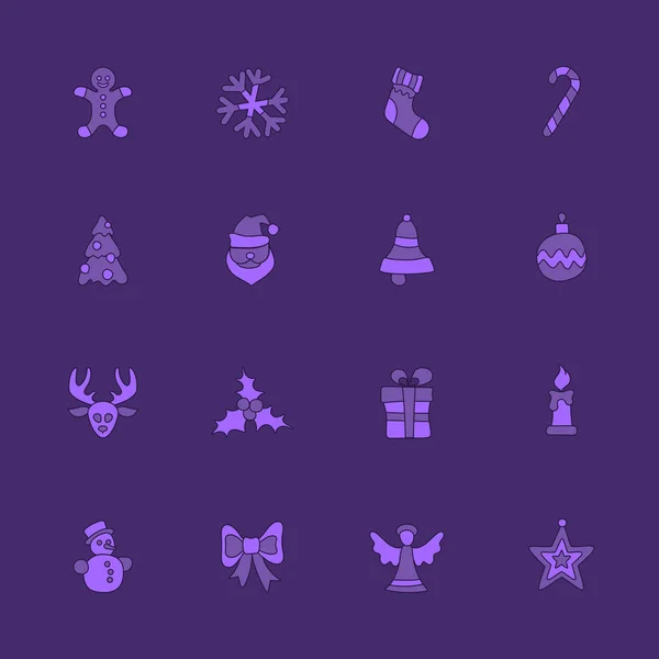 Christmas linear icon set on violet — Stock Vector
