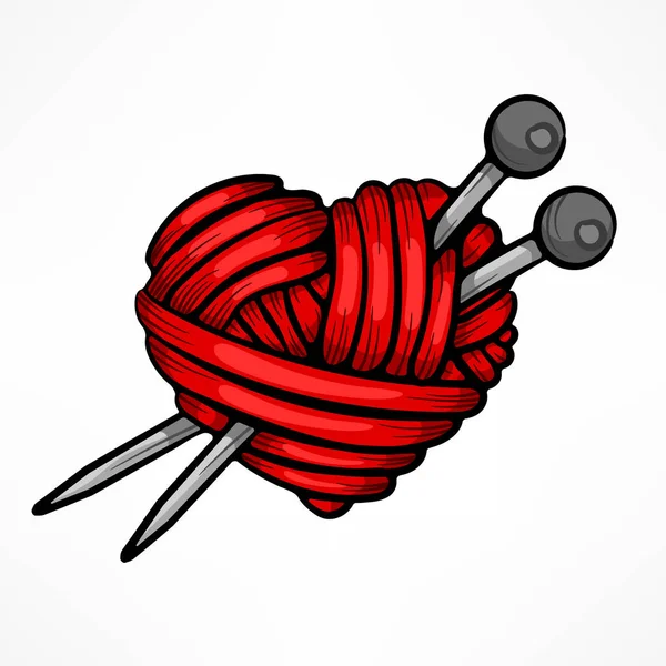 Herz Aus Rotem Wollgarn Mit Stricknadeln Vektor Illustration Zum Valentinstag — Stockvektor