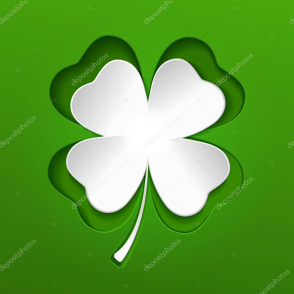 St Patricks white lucky clover leaf on green. Vector.