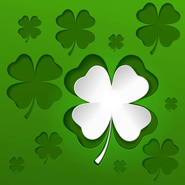 Hoja de trébol blanco de la suerte de St Patricks sobre fondo verde. Vector . — Vector de stock