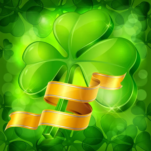 Green clover leaves with golden ribbon. Vector illustration. — Stock Vector