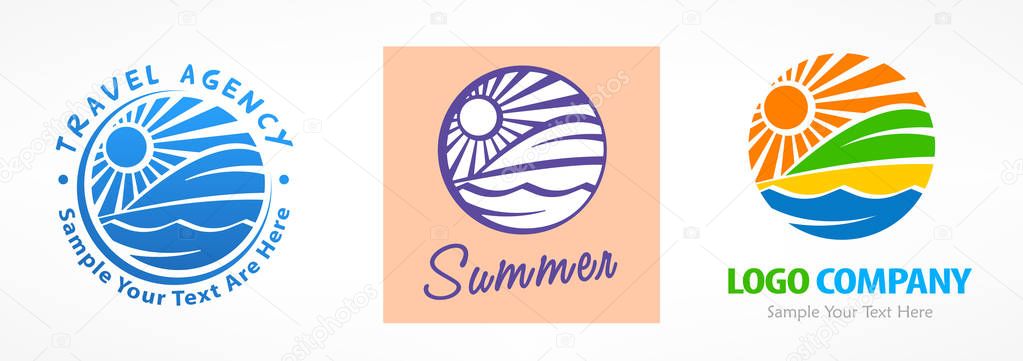 Travel logo set, color round symbols with stylized landscape and text, concept sign for travel agency. Vector illustration.