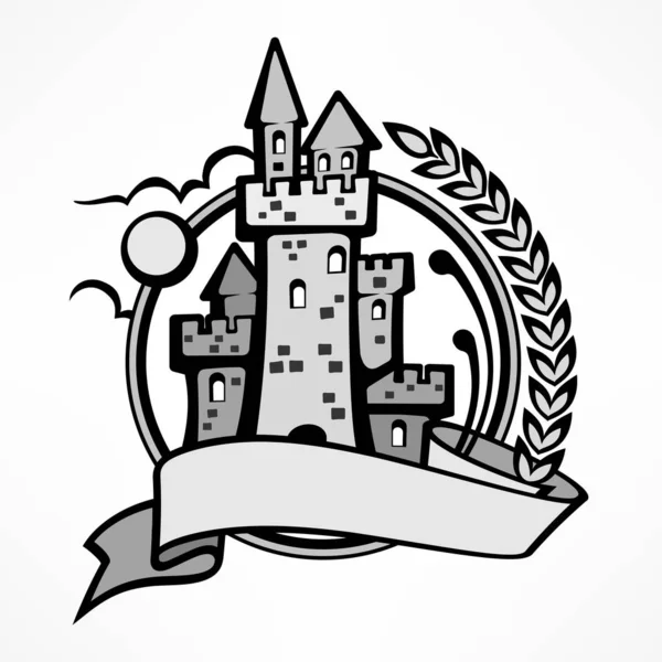 Στρογγυλό έμβλημα λογότυπου του κάστρου με γκρι χρώμα. Απεικόνιση διανυσματικών φορέων. — Διανυσματικό Αρχείο