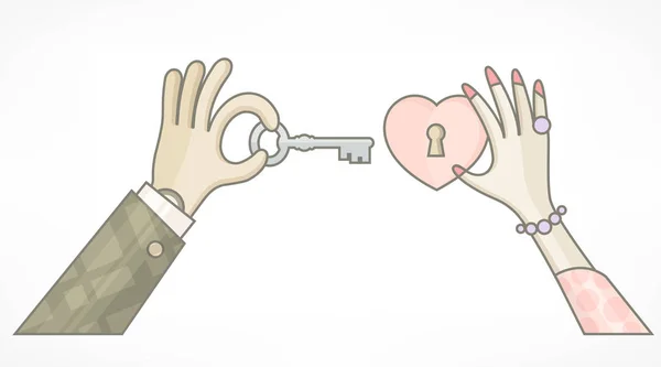 Mäns hand med nyckel från kvinnans hjärta. — Stock vektor