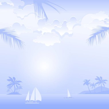 Seyahat adası manzarası, mavi elbiseli seyahat acentası konsepti. Vektör illüstrasyonu.