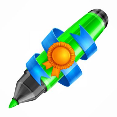 Beyaz, vektör illüstrasyonunda dizayn için mavi kurdeleli keçeli kalem