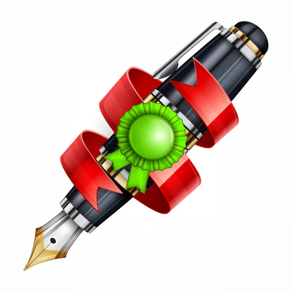 Inktpen Met Rood Lint Voor Ontwerp Witte Vectorillustratie — Stockvector