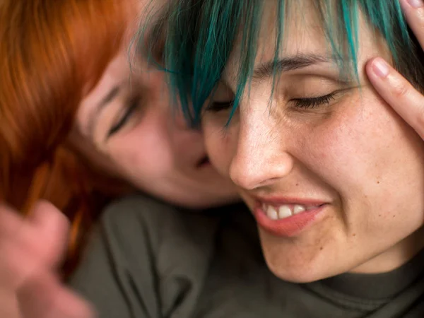 Portrait Two Pretty Lesbian Girlfriends Kissing Have Fun — Stock Photo, Image