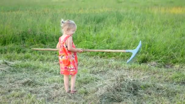 Lycklig liten flicka med räfsa på landsbygden på en sommardag — Stockvideo