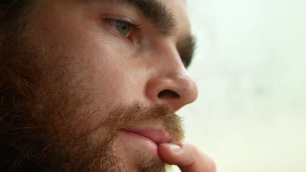 Hombre guapo con barba, vista lateral, primer plano — Vídeos de Stock