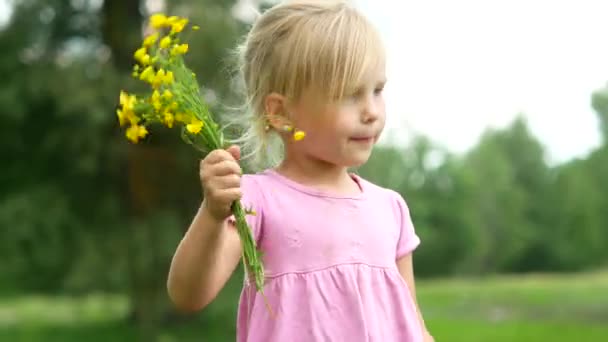 Uma menina em um vestido rosa com um buquê de flores silvestres — Vídeo de Stock