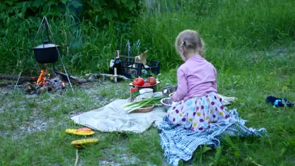 Uma menina no acampamento turístico está deitada sobre a mesa — Vídeo de Stock