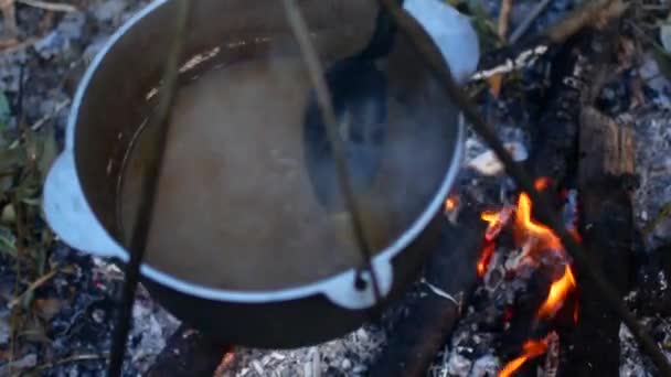 Kochender Topf mit Wasser auf Feuer im Freien — Stockvideo